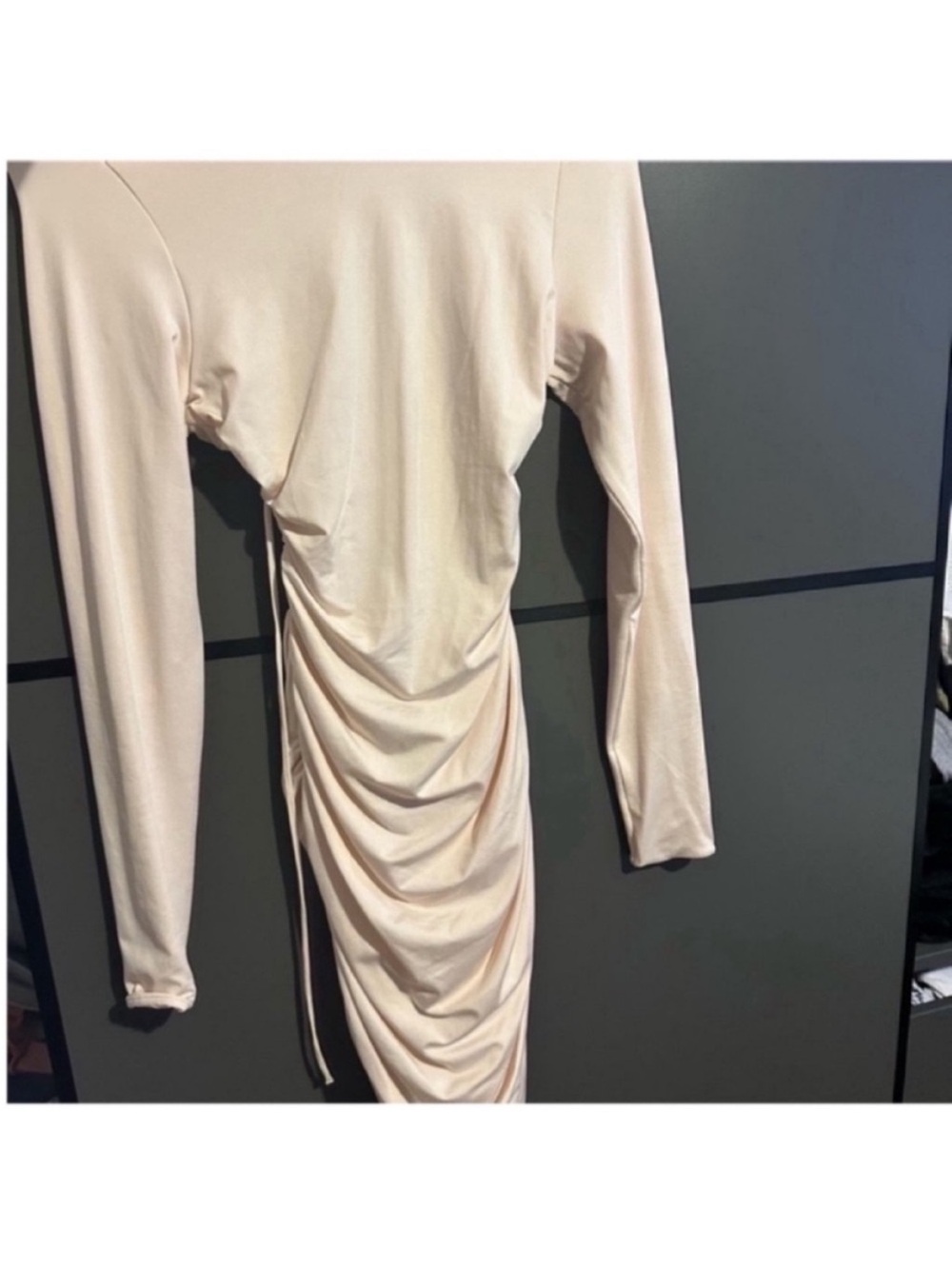 Oh Polly Long Sleeve Ruched Midi Dress in Blush